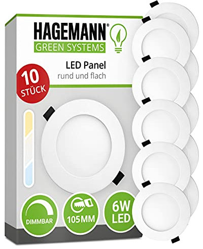 HAGEMANN® 10 x LED Einbaupanel dimmbar 6 Watt 540lm IP20 – Ø 105mm Bohrloch 230V Einbaustrahler – LED Deckenstrahler ersetzt 50 W Halogen