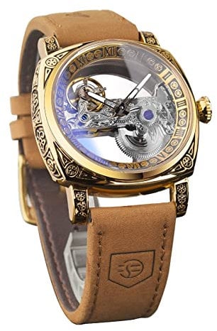 FORSINING Herren-Armbanduhr, modisch, klassisch, Skelett, quadratisch, transparentes Zifferblatt, automatisch, mechanische Armbanduhr, Leder, leuchtend, wasserdicht, gold, Armband