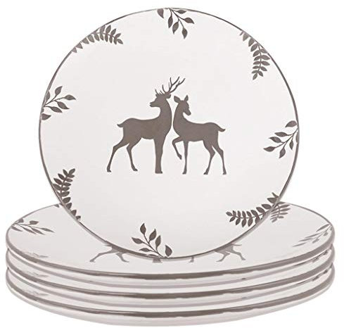Christmas Dinner Plate Set of 4 - Hand Painted Grey & White Reindeer Stoneware Crockery Dinner Service Dishwasher & Microwave Safe Christmas Plates Set Xmas Dinnerware Table Serving Plates