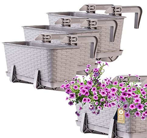 KADAX Fioriere - 40cm-Set di 3- da Balcone in Plastica per Ringhiere, Vasi Completi di Sottovasi e Portavasi, Ideali per Piante da Esterno (Caramello)