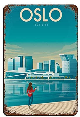 Lsjuee Cartel de viaje Oslo Noruega Cartel de chapa vintage 8X12 pulgadas Hogar Oficina Cocina Pub Club Café Bar Granja Restaurante Colección Metal Arte de la pared Placa retro