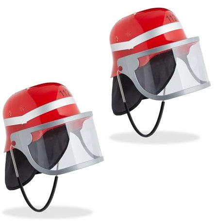 Relaxdays Feuerwehrhelm Kinder 2er Set, verstellbar, klappbares Visier, Nackentuch, Feuerwehr, HBT 24,5x22,5x28 cm, rot
