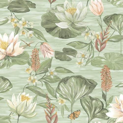 Green Lily Pad Wallpaper - Floral Butterfly Pink Natural Flower Botanical, Contemporary Feature Wall