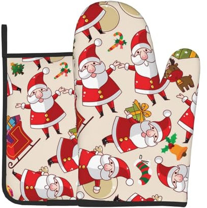 Lot de 2 maniques de cuisine et maniques de Noël avec imprimé Père Noël – Tissu imperméable résistant à la chaleur – Idéal pour la cuisine, le micro-ondes, le four et le barbecue