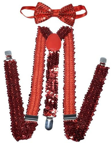 KAREN66 Pailletten Hosenträger mit Glitzer Fliege Set, 2.5cm Breit 100cm Gesamtlänge Hosenhalter mit Metallclips, Elastisch und Verstellbar Hosenträger für Karneval Mottoparty Kostüm Accessoire