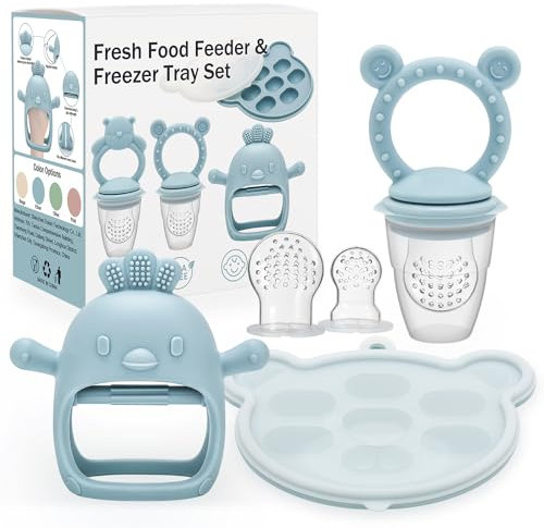 CLDY Baby-Fruchtschnuller für Babys, Aufbewahrungsbehälter für Babynahrung und 3 Silikonsaugern in 3 Größen für Kleinkinder ab 3 Monaten Baby-muttermilch-Zahnen-Eis am Stiel, BPA-frei (1 Satz Blau)