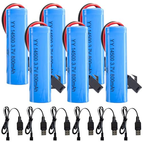 CJBIN 14500 Batteria Agli ioni di Litio 3.7v, 6Pcs 3.7V Ricaricabile 800mAh Batterie al Litio Lon con 6 Connettori SM-2P e Caricatore USB, Batteria Litio 3.7v per Auto RC, Carri Armati, Luci Solari
