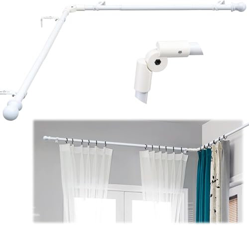 Erker-Gardinenstangen, L-förmig gebogene Gardinenstangen für Fenster 76-345 cm, 2,5 cm Durchmesser, strapazierfähige Gardinenstangen für Wohnzimmer, Weiß