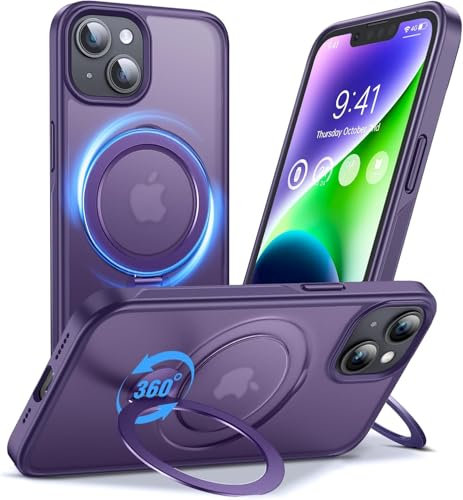 Anqrp 360° All-in-ONE Stand Case for iPhone 14/13 Case with Rotatable Magnetic Kickstand Ring Holder, Compatible with MagSafe, Shockproof Translucent Matte Phone Cover for iPhone 14/13 6.1 inch Purple