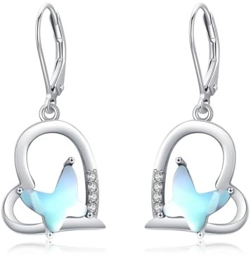 MEDWISE Schmetterling Ohrringe - Silber Herz Hängend Tropfen Mondstein Ohrringe für Damen, Frauen & Kinder