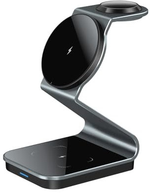Daewoo Wireless Charger, 3-In-1 Magnetic Wireless Charger Stand, Qi Certified, Fast Charge, Supports Apple Devices Including MagSafe Case And Qi Enabled Earphones For Home And Travel