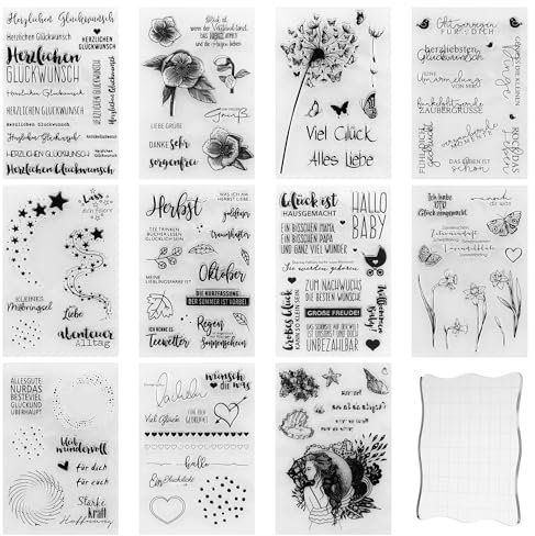 11 Bögen Silikonstempel,Enthält 1 Acrylplatte clear stamps, Vielzahl von Mustern silikon stempelset,silikon stempel,Geeignet für DIY Hochzeitseinladung Tagebuch,Osterdekorationen(11 Stile)