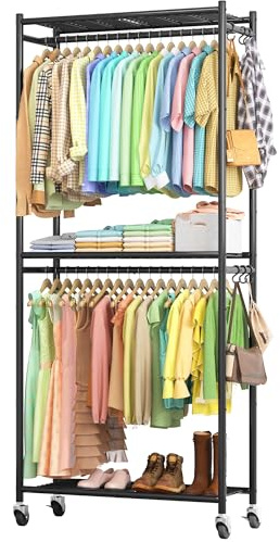 Sakugi Portant à Vêtement 84 x 32 x 202 cm – Penderie Vêtement Dressing Chambre Adulte avec Étagères & Roulettes, Portant Vêtement Solide à Roulettes avec Crochets, Pour Chambre (Noir)