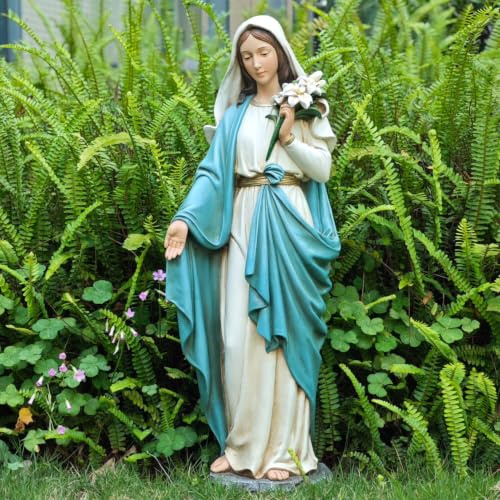 Grace4Joy Jungfrau Maria Gartenstatue, 61 cm, Heilige Maria hält Lilien, Outdoor-Skulptur, gesegnete Jungfrau Outdoor-Statue für Haus, Hof, Terrasse, Rasen, Flur, Dekor