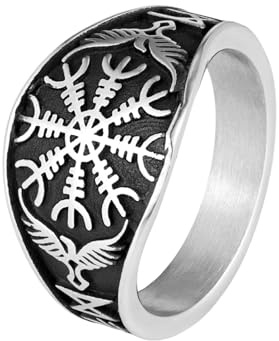 IOETSEUT Damen Schmuck Ring Vintage Wikinger Runen Kompass Ringe Männer Nordische Mythologie Odin's Krähe Futhark Finger Ring Pagan Talisman Schmuck