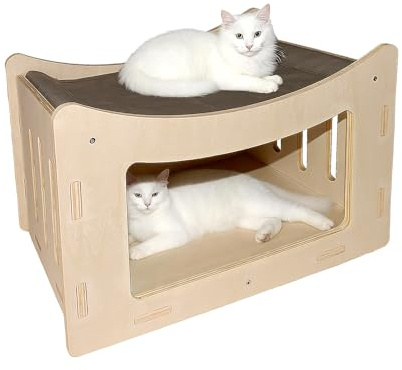 Cute Cat Head Wooden Indoor Cat House, Double Decker Cat Shelter with Elevated Soft Canvas Upper Bed and Cat Bed Mat, Multi-Level Pet Condo for Cats & Rabbits