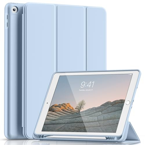 Lsmmpoba Case for iPad 9th/8th/7th Generation 10.2 inch (2021/2020/2019) with Pencil Holder, Smart Stand Cover with Soft TPU Back, Auto Sleep/Wake, Light Blue