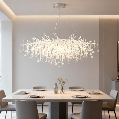 Leomix Moderner Kristallchandelier, Chandelier Mit Baumzweigen Und Regentropfen, Große Rechteckige Pendelleuchte Für Kücheninsel, Geeignet Für Wohnzimmer, Esszimmer Und Foyer - L120CM,Silber