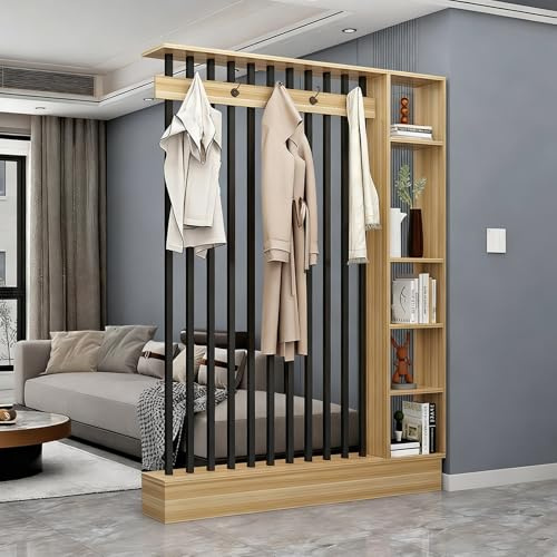 YITAYMLI Wand-Holz-Raumteiler mit Haken und Regal, moderner Raumtrenner Garderobenständer, chinesischer Stil Gitter-Bücherregal für Flur und Wohnzimmer dekorativ(Walnut+Black,140cm/55.1in)