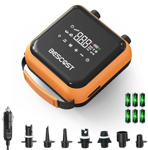 BESCOST Pompa Elettrica SUP 20PSI, Gonfiatore Elettrico Portatile, Gonfiaggio 7 Min, Doppio Motore, Ricaricabile + 12V Auto, Arresto Automatico, 7 Adattatori, per Paddle Board Kayak Gommone