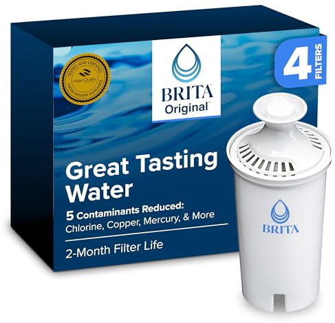 Brita 42432 - Filtros de repuesto para jarra, paquete de 4 | Certificado WQA y NSF/ANSI, reduce el cloro, cobre, mercurio y cadmio, dura 2 meses, esencial para el hogar