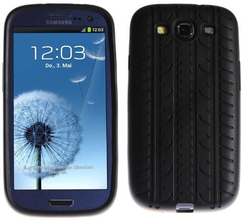 wortek Hülle, kompatibel mit Samsung Galaxy S3, Silikon Schutzhülle Reifen Profil Schwarz