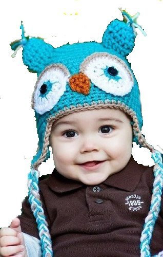 LadyMYP©Handgemachte Strickmütze, Babymütze, Kindermütze, Hüte, 100% Wolle, Mütze Uhu - Hellblau
