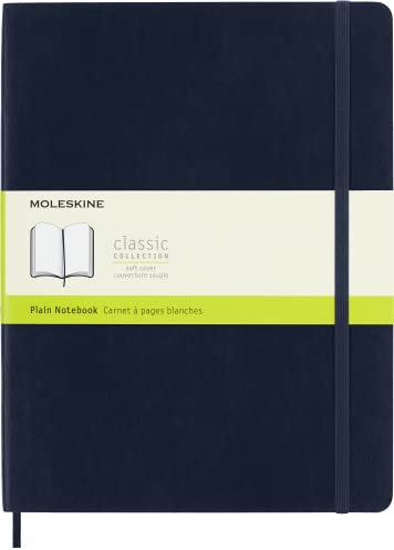 Moleskine Klassisches Notizbuch, Notizbuch mit Weißen Seiten, Weicher Einband und Elastischer Verschluss, Größe XL 19 x 25 cm, Farbe Saphirblau, 192 Seiten