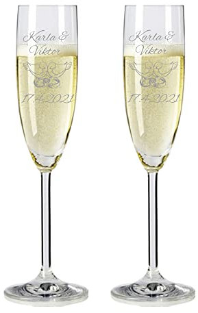 laser-diele 2 Leonardo Sektgläser mit Gravur - Geschenk zur Hochzeit - Graviert mit Namen und Datum - Sekt Tauben und Ringe