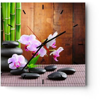 Modern Wanduhr Bambus Dekoration Blume Orchidee 40x40cm Quadrat Groß Wand Uhr Glas Analog Zimmeruhren Küche Büro Wohnzimmer Glasuhr Wall Clock Dekoration Design Wanddekoration Küchenuhr C3AC40x40-2167