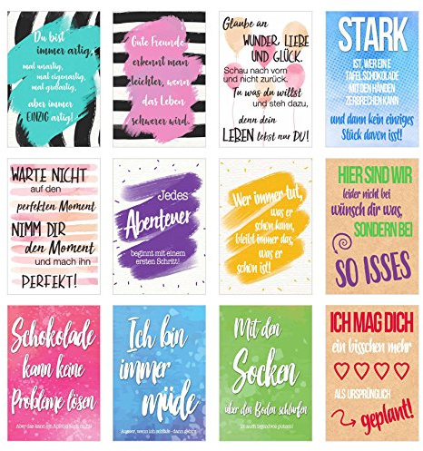 Set 12 Postkarten mit Sprüchen - Karten mit Spruch - Geschenkidee - Dekoidee - Liebe, Freundschaft, Leben, Motivation, lustig - Geburtstagskarten (20008)