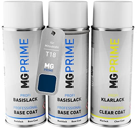 MG PRIME Autolack Sprühdosen Set für Mitsubishi T18 Virtual Blue Pearl/Galaxis Blau Metallic Grundlack Basislack Klarlack Spraydose 400ml