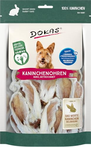 DOKAS Kaninchenohren mit Fell – Getreidefreier Premium Natursnack für Hunde aus 100% Kaninchen – Kurz für kleine Hunde – 1 x 100 g