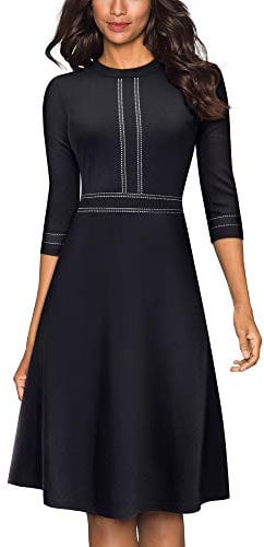 HOMEYEE Women's Vintage Crew Neck 3/4 Sleeve Patchwork Cocktail Aline Dress A135 (L, Black-B)