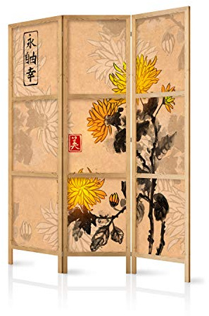 murando - Paravent Raumteiler Holz Blumen, 135x172 cm, 3-teilig, Wohnzimmer | Mobiler Sichtschutz, sofort einsatzbereit, Holzrahmen, ideal fürs Wohnzimmer oder Büro, geruchsneutral, lichtbeständig