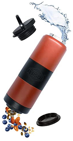 FLPSDE Dual Chamber Water Bottle with Integrated Storage Compartment for Snacks and More - Stainless Steel, Vacuum Insulated - 2 in 1 Container for Travel, School, Hiking, Sports, Work, Office, Gift