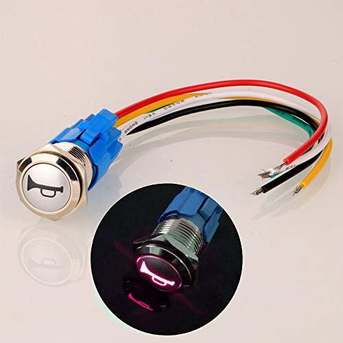 Gebildet 12V-24V/5A 16mm Pre-cableado Momentáneo Altavoz de Bocina Botón Impermeable Metal Interruptor con Rojo LED para Coche o Barco