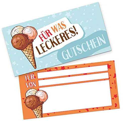 itenga Geschenkgutschein Verpackung I Geschenkkarte I Motiv Eis/Für was Leckeres I Gutschein I 21,0 x 10,5 cm I Postkarte zum Ausfüllen