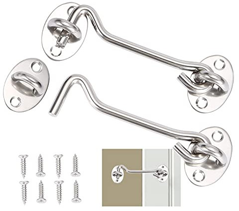 2 Pcs Gancho de Ventana,Sujeta Ventanas Abiertas Gancho de Cabina de Acero Inoxidable,Cerradura de Gancho de Puerta con Tornillos Para Ventanas Puertas Ojo Puerta Pestillo(10cm)