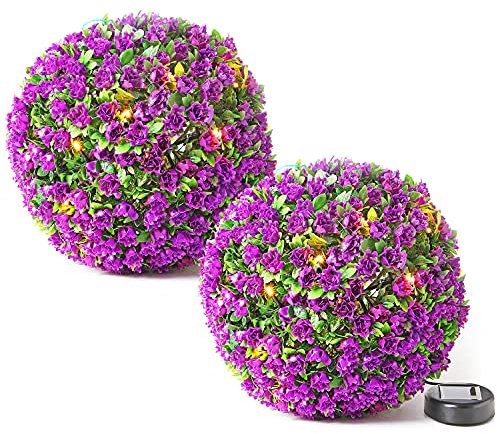 Taylor & Brown 28cm Solar Powered 20 LED Rose Artificial Topiary Ball Hanging Ornament Boxwood Garden Ultra Bright Light Decorative Two Functions (2 Pack, Purple)