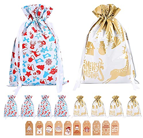 Christmas Wrapping Drawstring Gift Bags,10PCS Xmas Wrapping Bags Medium (16.5inX11.4in),Christmas Foil Drawstring Presents Bags