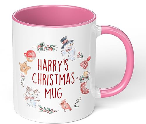 Print Maniacs Personalised Christmas Mug Hot Chocolate Tea Coffee Secret Santa Present Gift Xmas Colours Funny Novelty Snowman Wreath (Pink Fill)