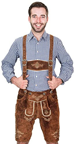 Bayerische Herren Trachten Lederhose kurz, Trachtenlederhose mit Trägern, original in Mittelbraun, Oktoberfest, Größe 52