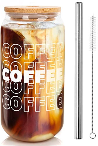 Iced Coffee Cup, Iced Coffee Cups with Lids and Straws, Valentine Gift for Her Women, Beer Can Glass with Lids and Straw, Can Shaped Glass Cups, 18OZ Glass Cups, Drinking Glasses, Smoothie Cups
