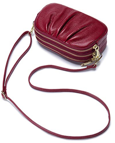 FORRICA Sac à Bandoulièr Femmes Portefeuille Cuir Véritable Sac de Téléphone Portable Pochette Dames Mode Porte Monnaie Glissière à 3 Niveaux Rouge