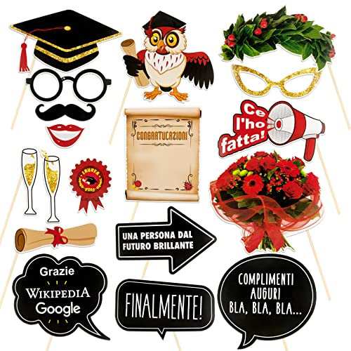FLOFIA 18pz Foto Props Laurea, Phonto Booth, Accessori Decorazione Fotografica, Foto Puntello Cappello Tocco Gadget Divertenti Fai da Te
