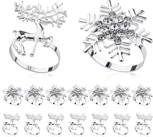 AIEX 16stk Silber Weihnachts serviettenringe, 8stk Schneeflocken Serviettenringe & 8stk Hirsch Serviettenringe Metall Weihnachts Serviettenringe Set für Weihnachten Hochzeit Geburtstag Party