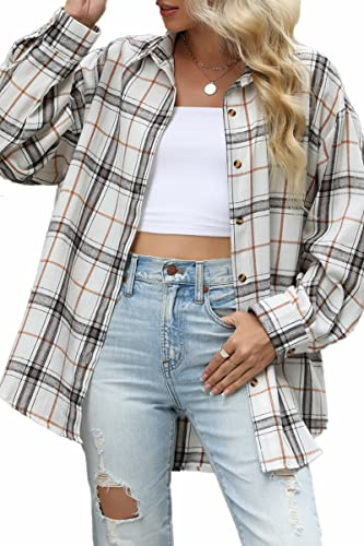 CHYRII Flanellhemden für Damen, mit Knopfleiste, langärmelig, kariert, Shackets, Business, Freizeit, Bluse, Oberteil