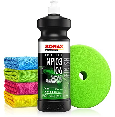 Autopolitur Set: Sonax Profiline NP 03-06 Hochglanzpolitur (1L) - Anti-Hologramm-Politur zum professionellen Polieren von matten und verkratzten Lacken - Auto polieren, Glanzpolitur | 6-teilig