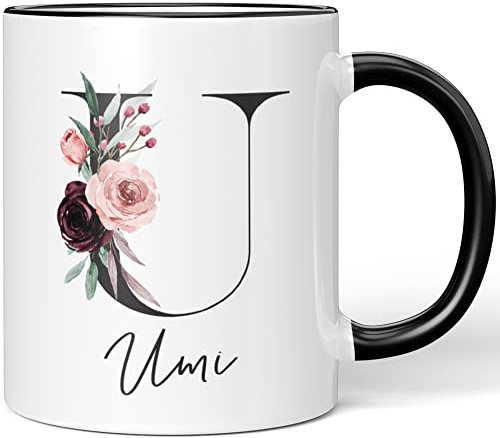 JUNIWORDS Tasse, Umi, Name Anfangsbuchstabe Initial Alphabet Floral Buchstabe U Monogramm Motiv, Schwarz (5607682)